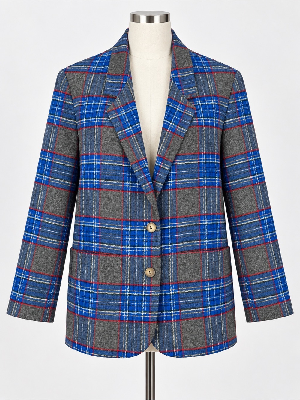 Vintage 90s Cobalt Blue Gray Plaid Wool Blend Oversized Blazer Preppy Jacket